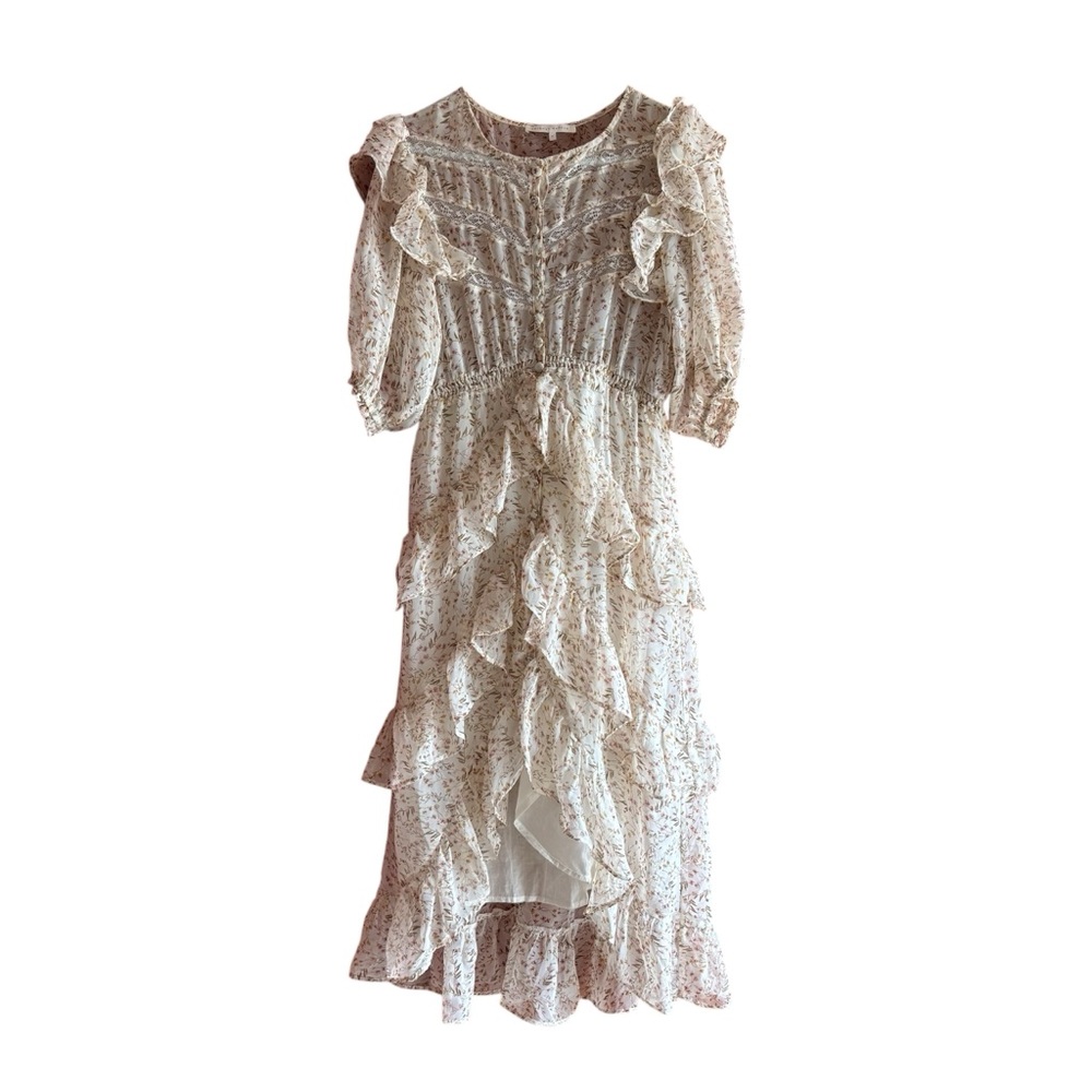 Etophe studios women romantic ruffle floral sheer puff sleeve ivory dress SZ M